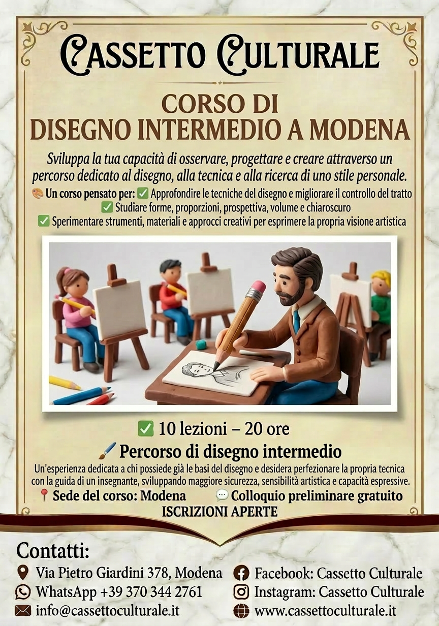 MODENA - CORSO DI DISEGNO INTERMEDIO con Alessio Trippetta - 10 lezioni - 20 ore - 19:00-21:00- mercoledi' dalle 19:00 alle 21:00 - dal 7 ottobre al 9 dicembre 2026 - Iscrizioni entro il 30 settembre -Codice corso:disegnointermedio1