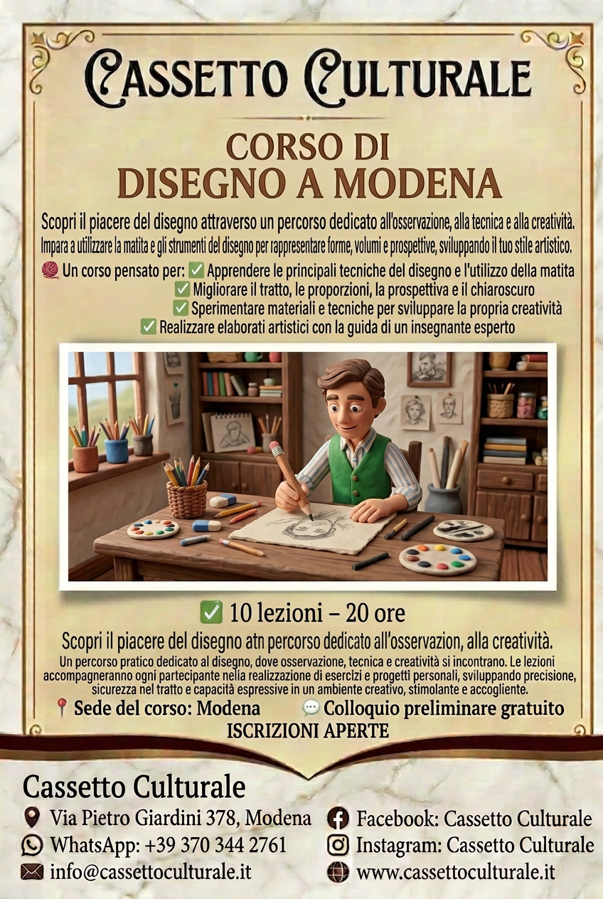 MODENA - CORSO DI DISEGNO BASE con  Alessio Trippetta - 10 lezioni - 20 ore - giovedi' dalle 19:30 alle 21:30 - dal 8 ottobre al 10 dicembre 2026. Iscrizioni entro 1  di ottobre - Codice corso:disegno1
