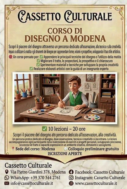 MODENA - CORSO DI DISEGNO BASE con  Alessio Trippetta - 10 lezioni - 20 ore - giovedi' dalle 19:30 alle 21:30 - dal 8 ottobre al 10 dicembre 2026. Iscrizioni entro 1  di ottobre - Codice corso:disegno1