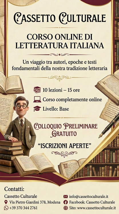 ONLINE - CORSO DI LETTERATURA ITALIANA con Daniele Alfano - 10 lezioni – 15 ore - Giovedì - 19:30–21:00  - Dal 24 settembre al 26 novembre 2026 - iscrizioni entro il 17 settembre 2026 -  Codice corso: letteratura1
