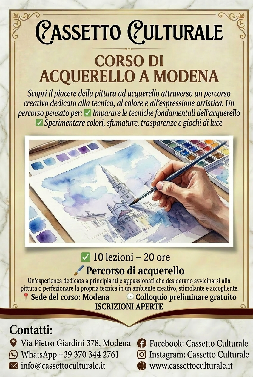 MODENA - CORSO DI ACQUERELLO BASE con Maddalena Nicolella -  10 lezioni - 20 ore - lunedi' dalle 18:30 alle 20:30 - Dal 28 settembre al 30 novembre 2026. Iscrizioni entro il 21 settembre 2026 - Codice corso:acquerello1