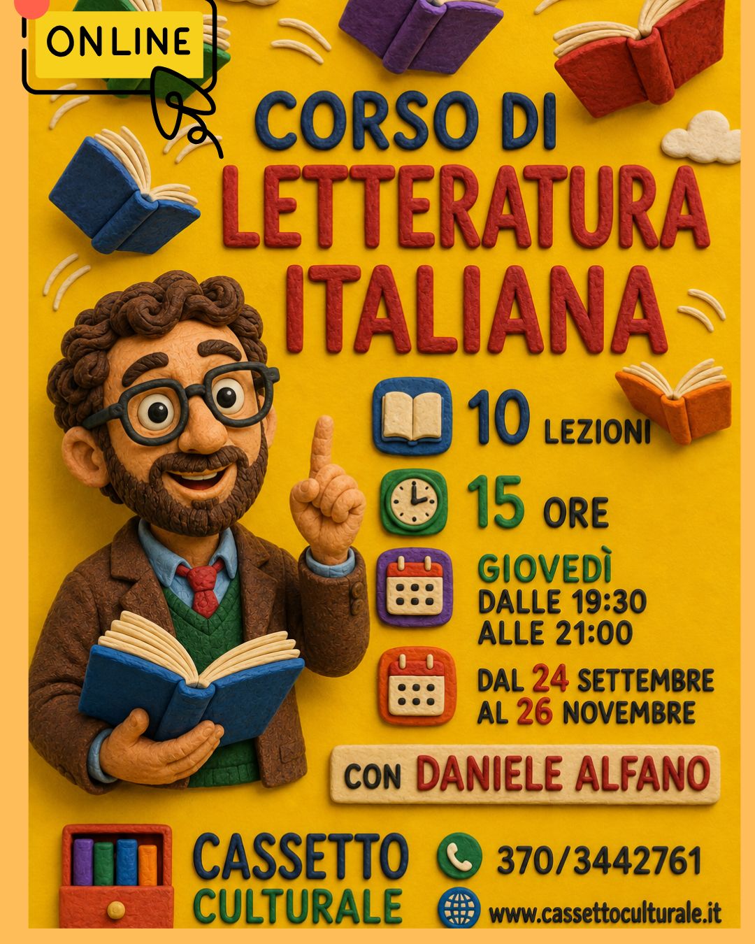 ONLINE - CORSO DI LETTERATURA ITALIANA con Daniele Alfano - 10 lezioni – 15 ore - Giovedì - 19:30–21:00  - Dal 24 settembre al 26 novembre 2026 - iscrizioni entro il 17 settembre 2026 -  Codice corso: letteratura1